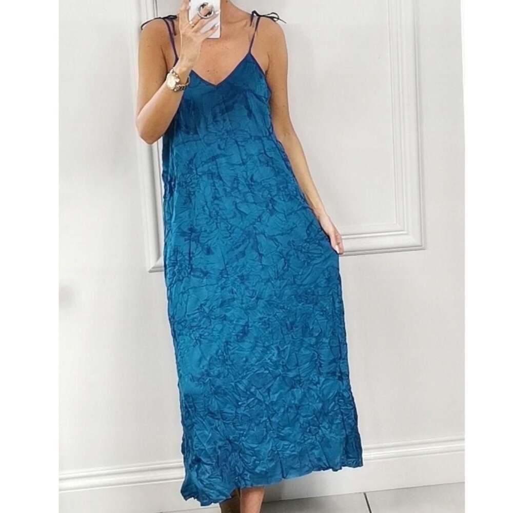 Zara Crinkle Effect Jacquard Midi Slip Dress in Teal Blue